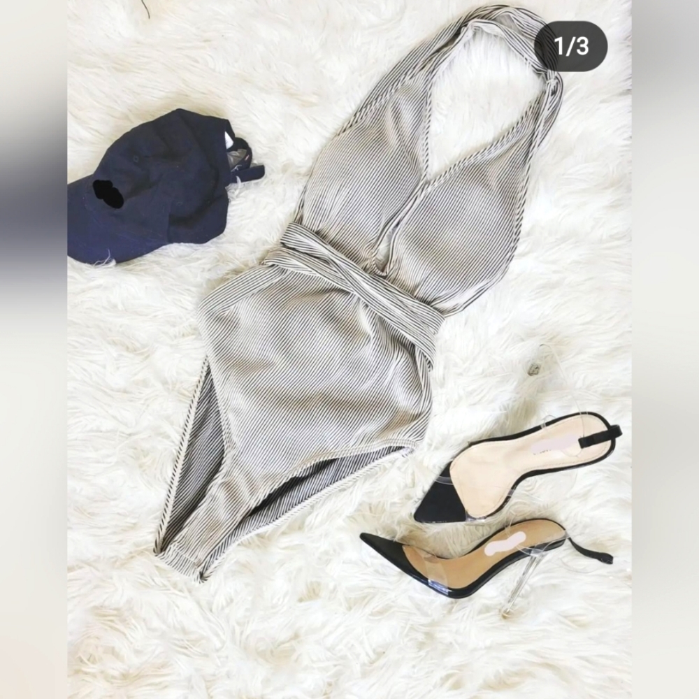 Marysol.Boutique Bathingsuit Ivory Striped Bandage Detail Women's
